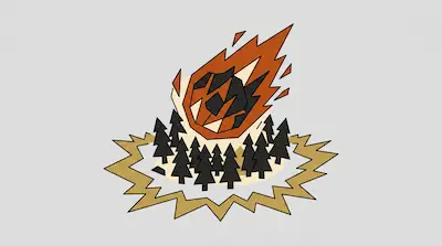 A stylized orange and black meteor falls toward a group of dark pine trees.