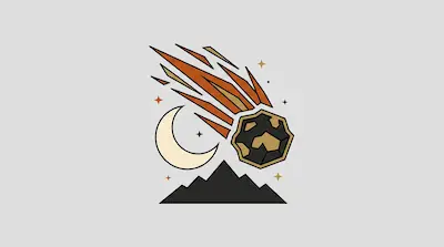A stylized meteor with a trailing tail streaks past a crescent moon and stars above a dark mountain range.