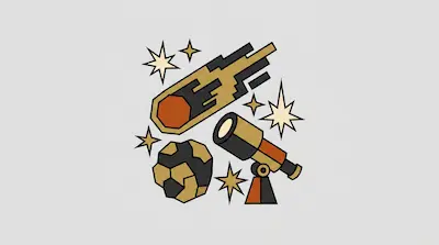 A stylized graphic featuring a comet, a telescope, an asteroid, and several stars.