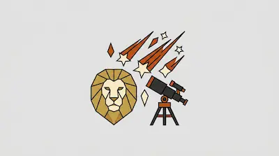 A geometric lion head and a telescope on a tripod sit beneath several shooting stars.