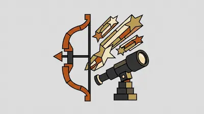 A brown bow and arrow, several golden shooting stars, and a black telescope on a stand.