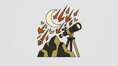 A telescope on a tripod stands next to a rocky mountain under a crescent moon and falling orange arrows.