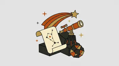 A telescope on a tripod sits beside a star chart and a geometric rock, with a shooting star streaking across the background.