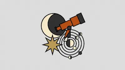 A telescope, a crescent moon, an eight-pointed star, and a solar system model with concentric orbits.
