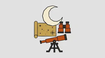 A crescent moon, a star map, binoculars, and a telescope on a tripod.