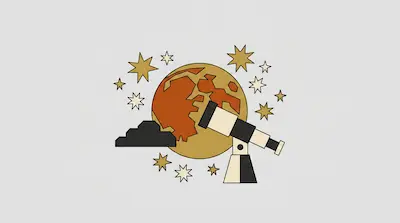 A stylized planet surrounded by stars, with a telescope and a dark cloud in the foreground.