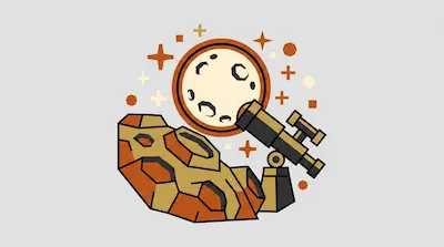 A telescope points toward a cratered moon above a rocky asteroid, surrounded by stylized stars.