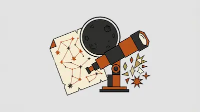 A telescope, a star chart, and a cratered moon are grouped together with several stylized stars.
