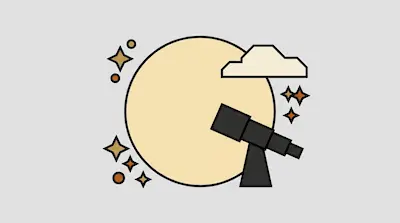 A telescope points toward a large, pale yellow circle, accompanied by a cloud and several small stars.