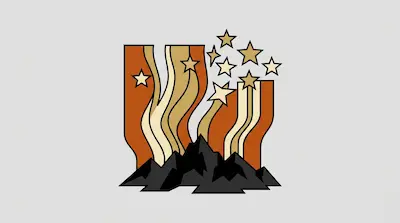 Wavy orange and cream bands rise from a base of black mountains, with several gold stars scattered throughout the design.