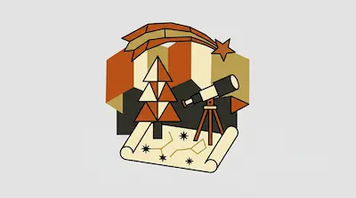 A telescope, a geometric pine tree, and a star map scroll under a shooting star in shades of orange, brown, and cream.