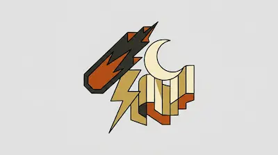 Stylized icons of a meteor, crescent moon, lightning bolt, and tiered blocks in shades of orange, tan, and black.
