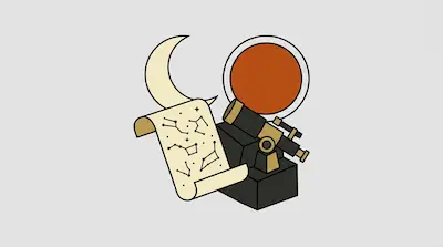 A telescope and a star chart scroll are positioned in front of a crescent moon and a large orange circle.