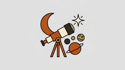 A telescope on a tripod surrounded by a crescent moon, a star, and several planets.