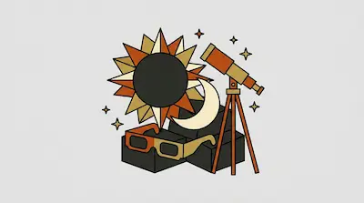 A stylized solar eclipse, crescent moon, telescope, and eclipse glasses are grouped together with small stars.