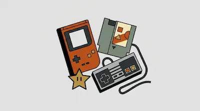 An orange handheld gaming device, a grey game cartridge, a controller, and a yellow star with eyes.
