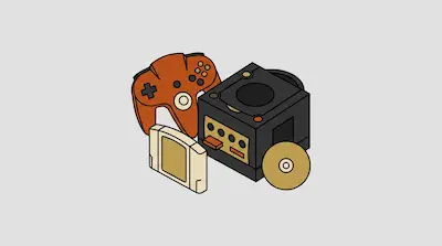 An orange game controller, a black console, a game cartridge, and a disc are grouped together.