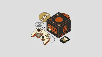 A black and orange cube-shaped game console, a wired controller, a game disc, and a memory card in an isometric view.