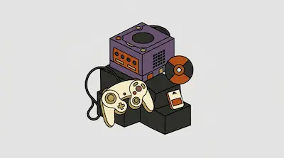 A purple cube-shaped game console, a cream-colored controller, a disc, and a memory card are arranged on dark grey blocks.
