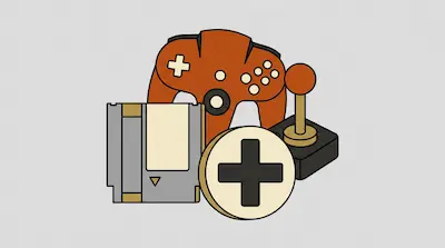 Retro gaming icons including an orange controller, a grey game cartridge, a joystick, and a directional pad.