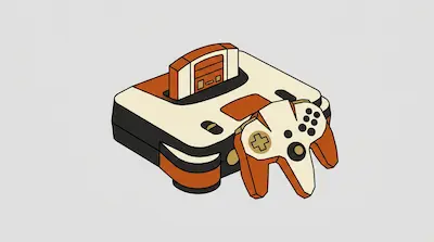 A cream and orange retro video game console with a cartridge inserted and a matching controller in front.