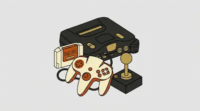 A black Nintendo 64 console, a cream-colored controller, a game cartridge, and a joystick.