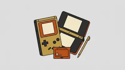 A gold Game Boy and an open orange Nintendo DS shown with a game cartridge and a stylus.
