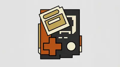 A minimalist graphic of a handheld game console with an orange directional pad and a tan game cartridge.