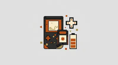 A stylized retro handheld gaming console surrounded by a game cartridge, a directional pad, and a battery icon in a black and orange color palette.