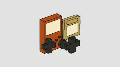 An orange handheld game console and a gold game cartridge are shown with two large black directional pads.
