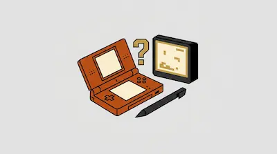 An orange handheld gaming console, a black stylus, and a small monitor with a question mark floating between them.