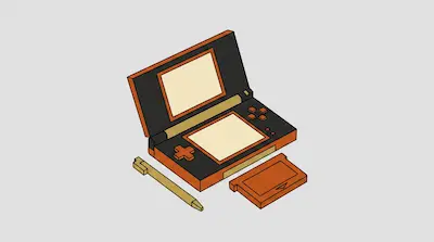 An orange and black dual-screen handheld game console shown in an isometric view with its stylus and a game cartridge.