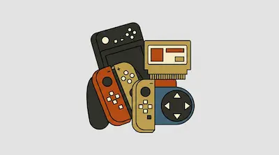 A collection of stylized video game controllers and a game cartridge.