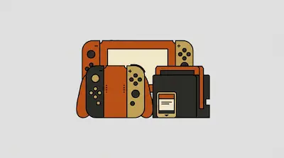 A stylized handheld gaming console, controller, and dock in orange, black, and beige.