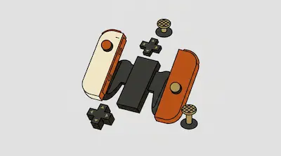 An exploded view of a stylized handheld gaming controller with orange and white components floating around a central grip.