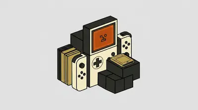 A stylized isometric arrangement of gaming consoles, controllers, and cartridges centered around a handheld device with an orange screen.