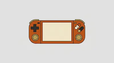 A stylized orange handheld gaming console with a beige screen and gold-colored buttons.