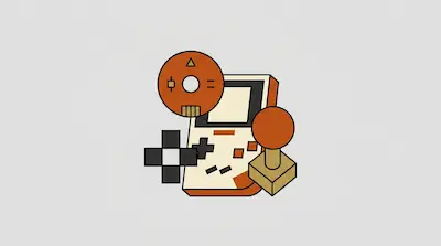 A handheld gaming console, joystick, D-pad, and disc in shades of orange and tan.