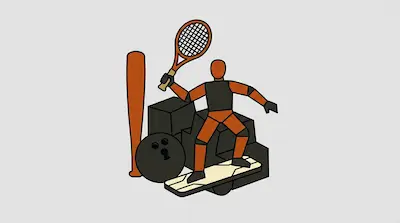 A stylized orange and black figure holds a tennis racket while standing on a board next to a baseball bat and a bowling ball.