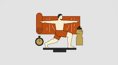 A person performs a yoga pose in front of a yoga mat, a stopwatch, and a water bottle.