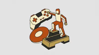 A stylized figure stands on a platform and reaches toward a large game controller and a circular disc.