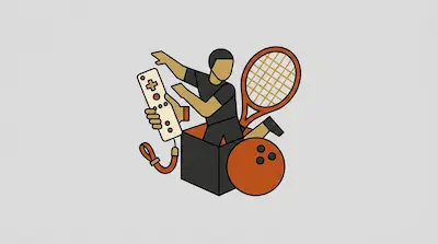 A stylized person stands in a box surrounded by a video game controller, a tennis racket, and a bowling ball.