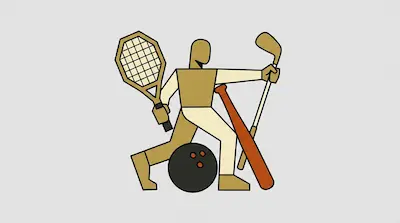 A stylized geometric figure holds a tennis racket and golf club, with a baseball bat and bowling ball at its feet.