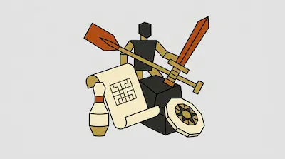 A collection of stylized geometric objects including a humanoid figure, a sword, an oar, a scroll, a bowling pin, and a shield.