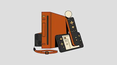 A collection of stylized video game hardware, including an orange console, a black handheld device, and a motion controller.