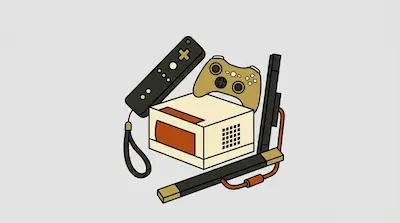A collection of stylized video game hardware including a console, a remote, a controller, and a sensor bar.