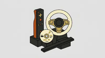 A stylized remote, steering wheel, game disc, and sensor bar.