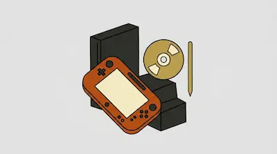 A black video game console, an orange gamepad with a screen, a gold disc, and a stylus.