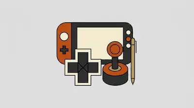 A handheld gaming console, a large directional pad, an arcade joystick, and a stylus pen.