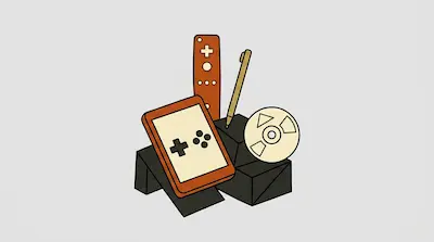 A handheld game console, a remote control, a stylus, and a disc rest on a pile of dark blocks.